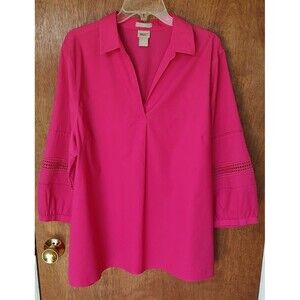 Chico's size 4 (XXL 20/22) bright pink no-iron V-neck blouse 3/4 sleeves w/lace